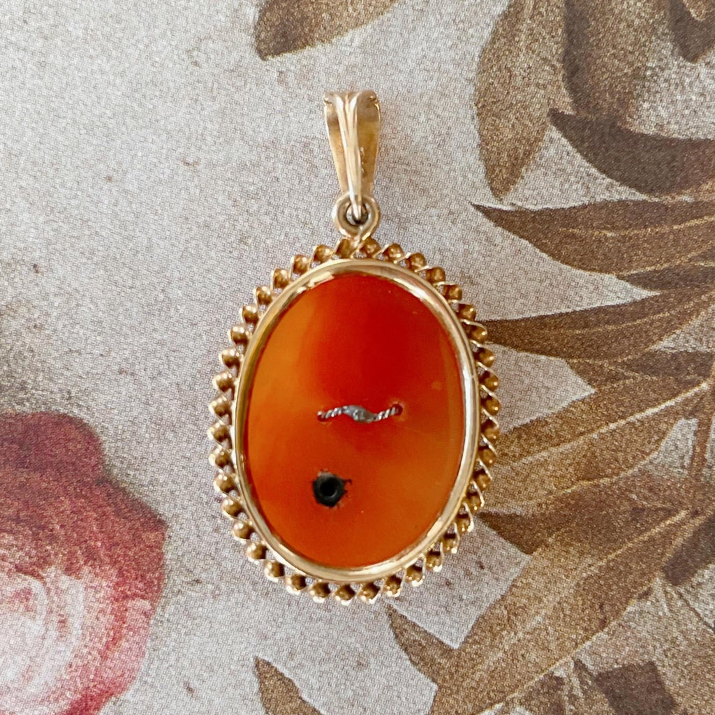 Edwardian 10k Yellow Gold, Carved Shell, and Diamond Cameo Pendant - Clover Collective Antiques