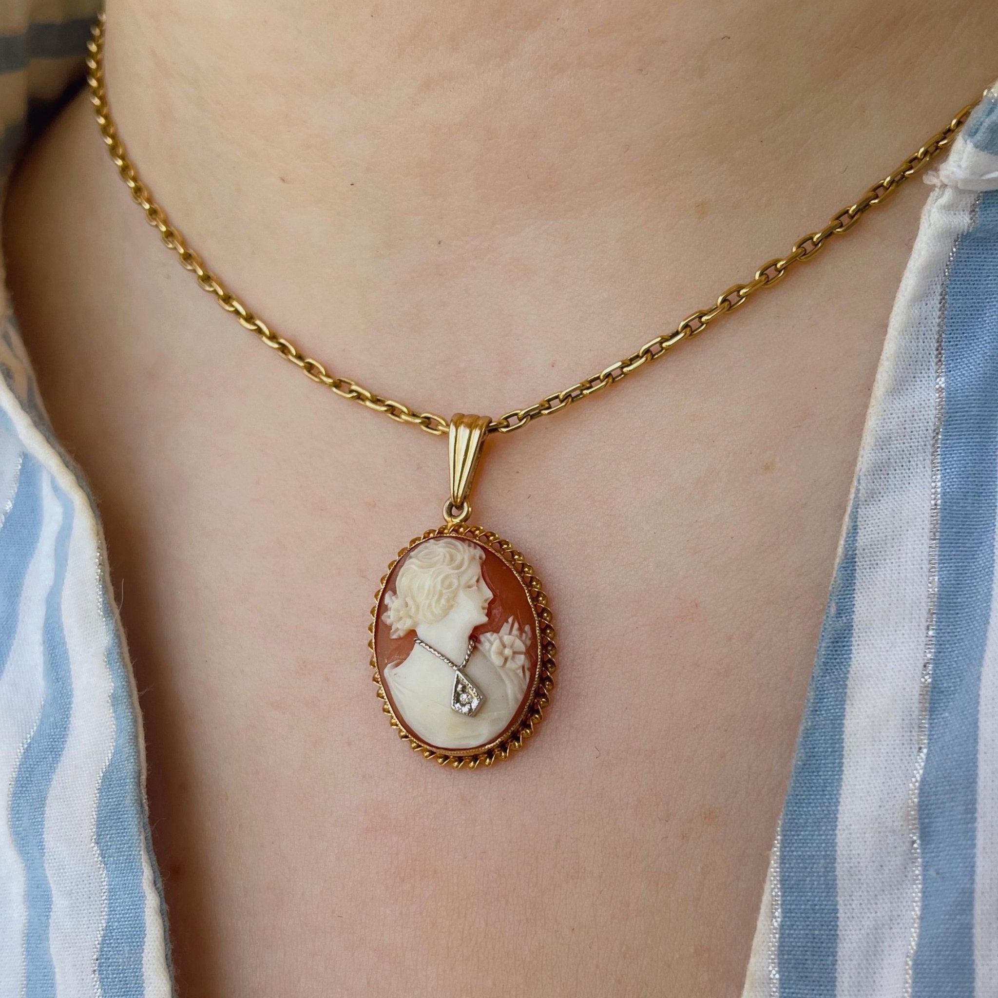 Edwardian 10k Yellow Gold, Carved Shell, and Diamond Cameo Pendant - Clover Collective Antiques