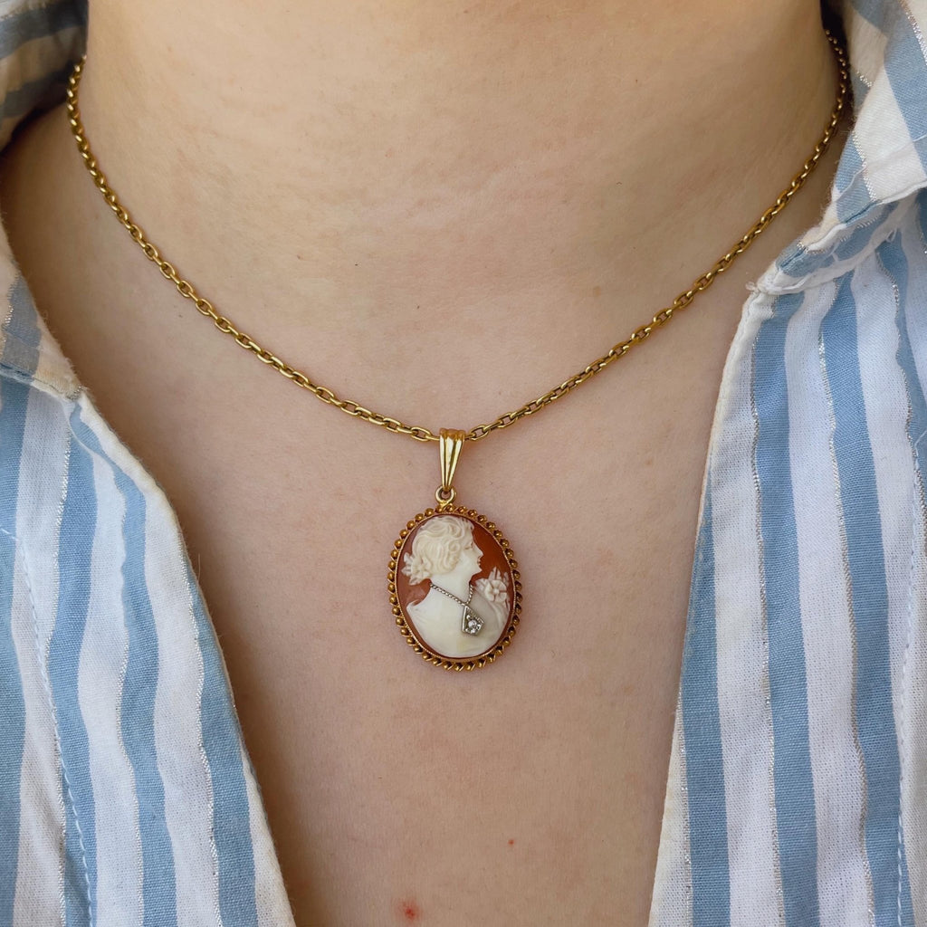 Edwardian 10k Yellow Gold, Carved Shell, and Diamond Cameo Pendant - Clover Collective Antiques