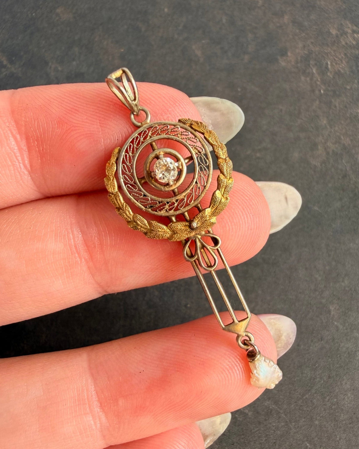 Edwardian 10k Yellow Gold, Diamond, and Pearl Lavalier Pendant - Clover Collective Antiques