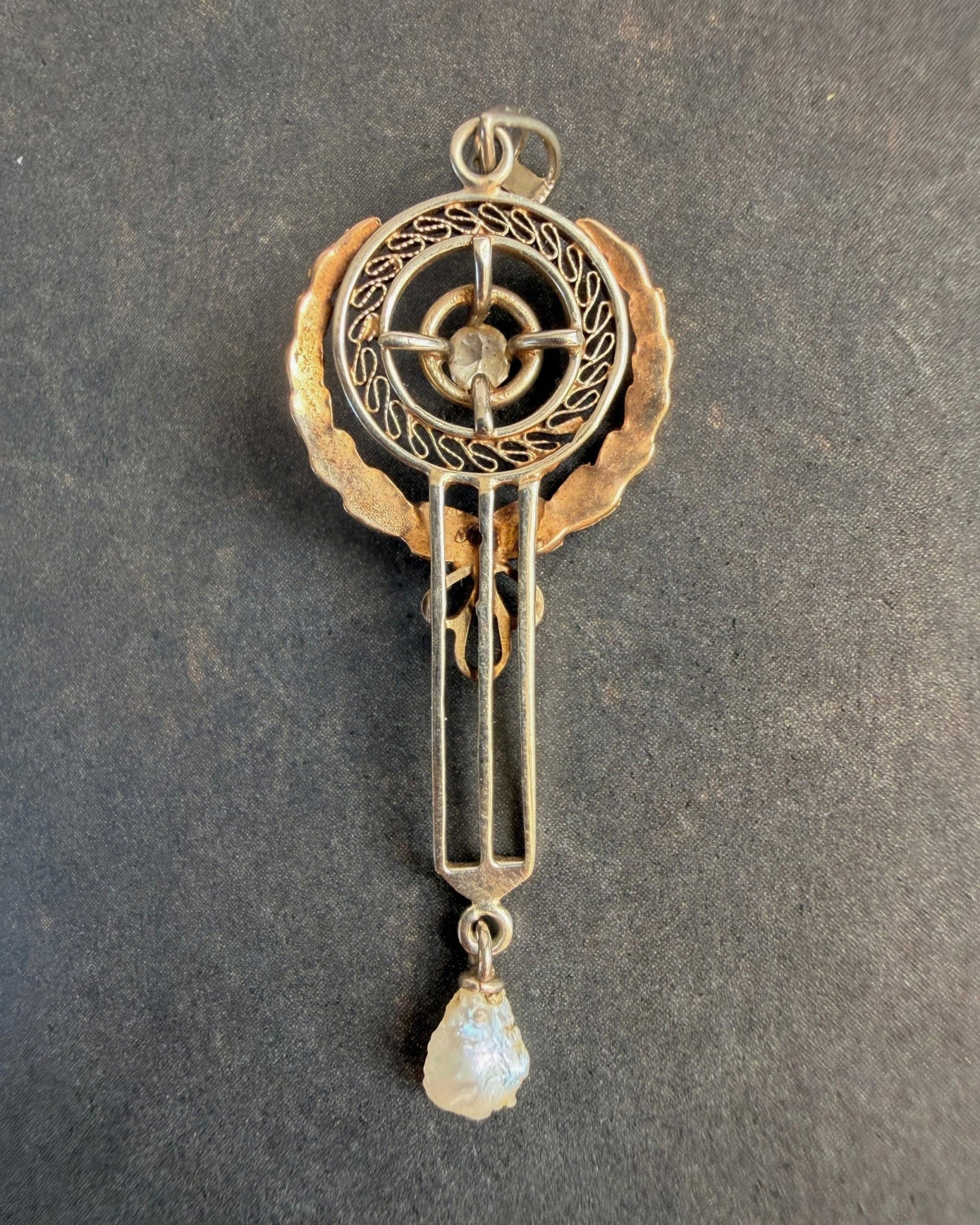 Edwardian 10k Yellow Gold, Diamond, and Pearl Lavalier Pendant - Clover Collective Antiques