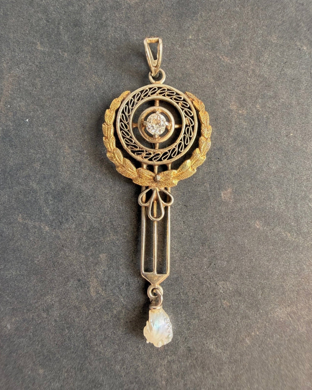 Edwardian 10k Yellow Gold, Diamond, and Pearl Lavalier Pendant - Clover Collective Antiques