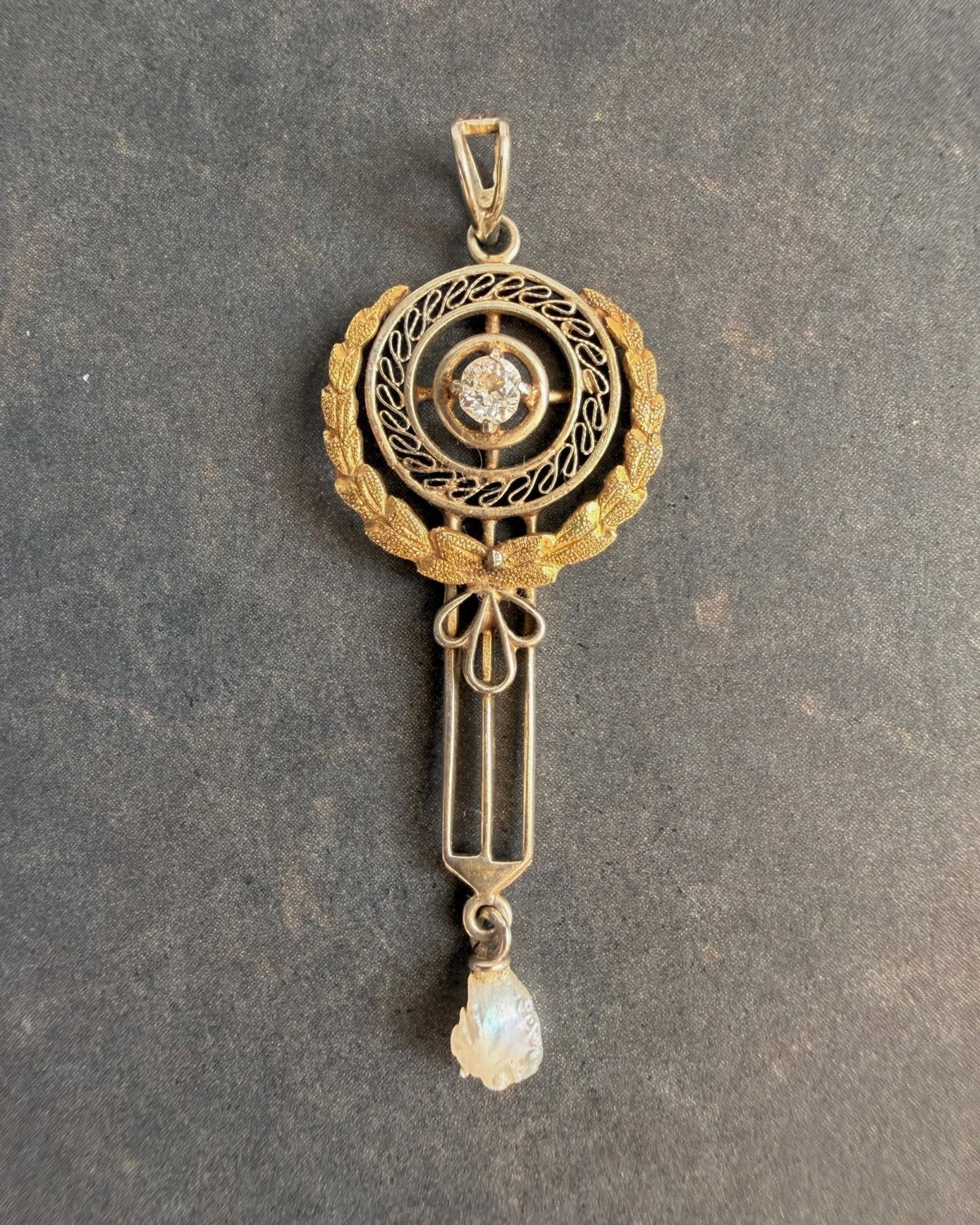 Edwardian 10k Yellow Gold, Diamond, and Pearl Lavalier Pendant - Clover Collective Antiques