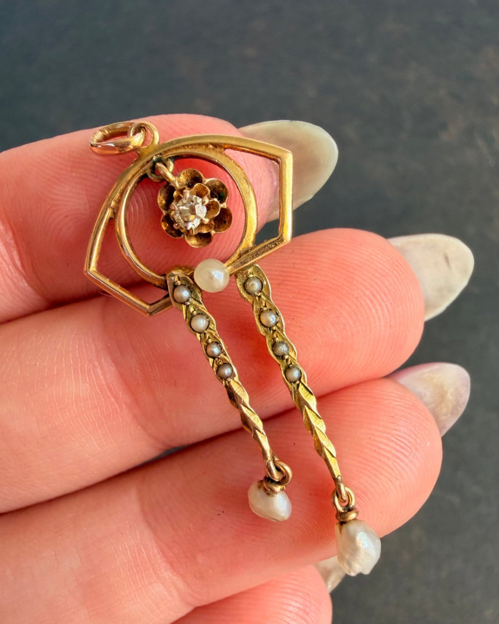 Edwardian 10k Yellow Gold, Diamond, and Pearl Lavalier Pendant - Clover Collective Antiques
