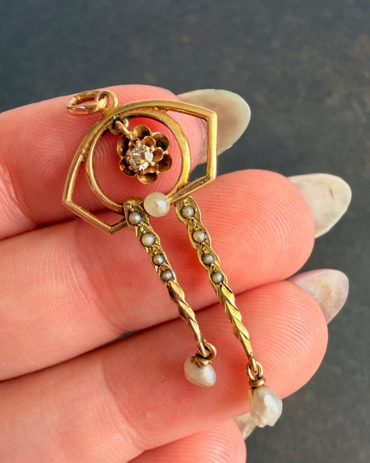 Edwardian 10k Yellow Gold, Diamond, and Pearl Lavalier Pendant - Clover Collective Antiques