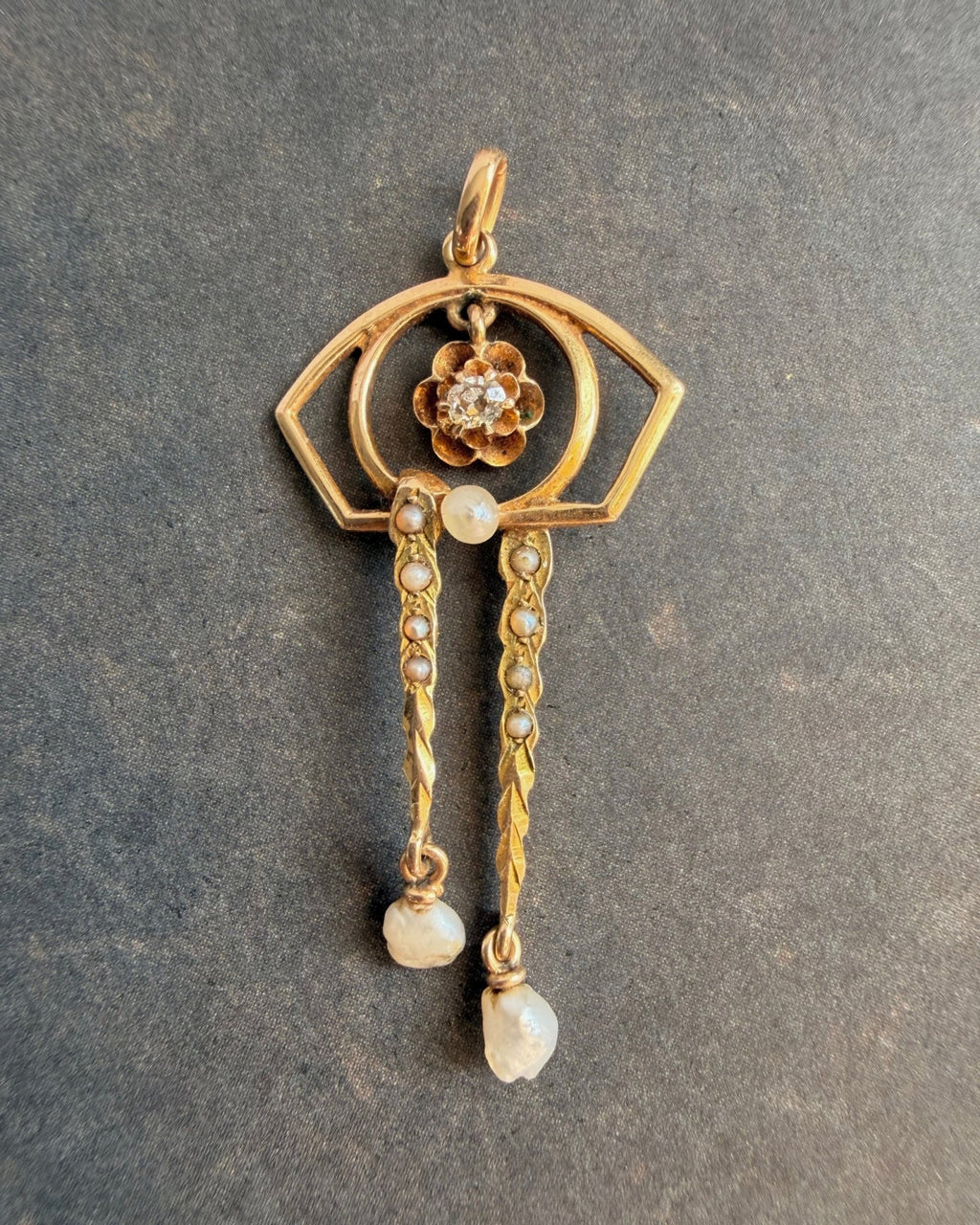 Edwardian 10k Yellow Gold, Diamond, and Pearl Lavalier Pendant - Clover Collective Antiques