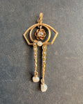 Edwardian 10k Yellow Gold, Diamond, and Pearl Lavalier Pendant - Clover Collective Antiques