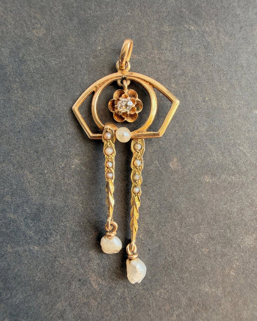 Edwardian 10k Yellow Gold, Diamond, and Pearl Lavalier Pendant - Clover Collective Antiques