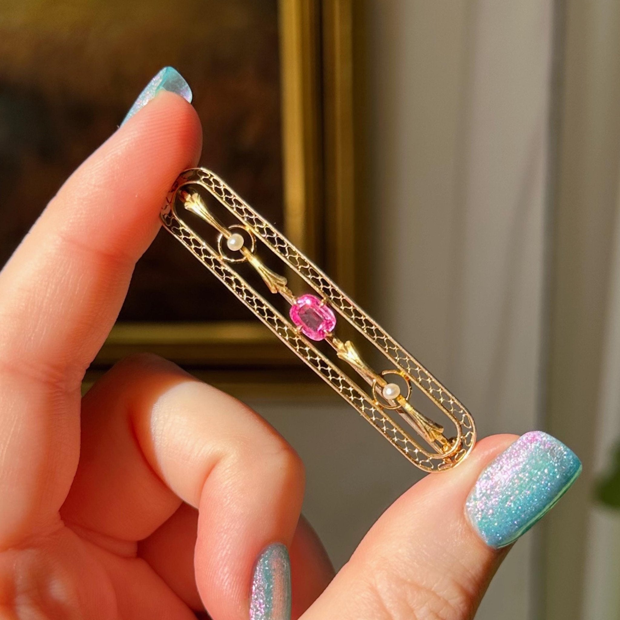Edwardian 10k Yellow Gold, Pink Sapphire, and Pearl Brooch - Clover Collective Antiques