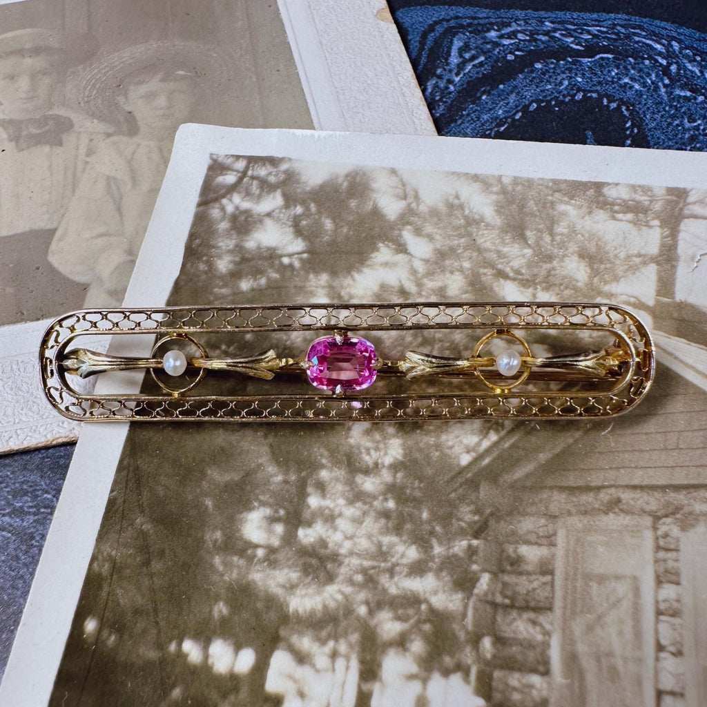 Edwardian 10k Yellow Gold, Pink Sapphire, and Pearl Brooch - Clover Collective Antiques