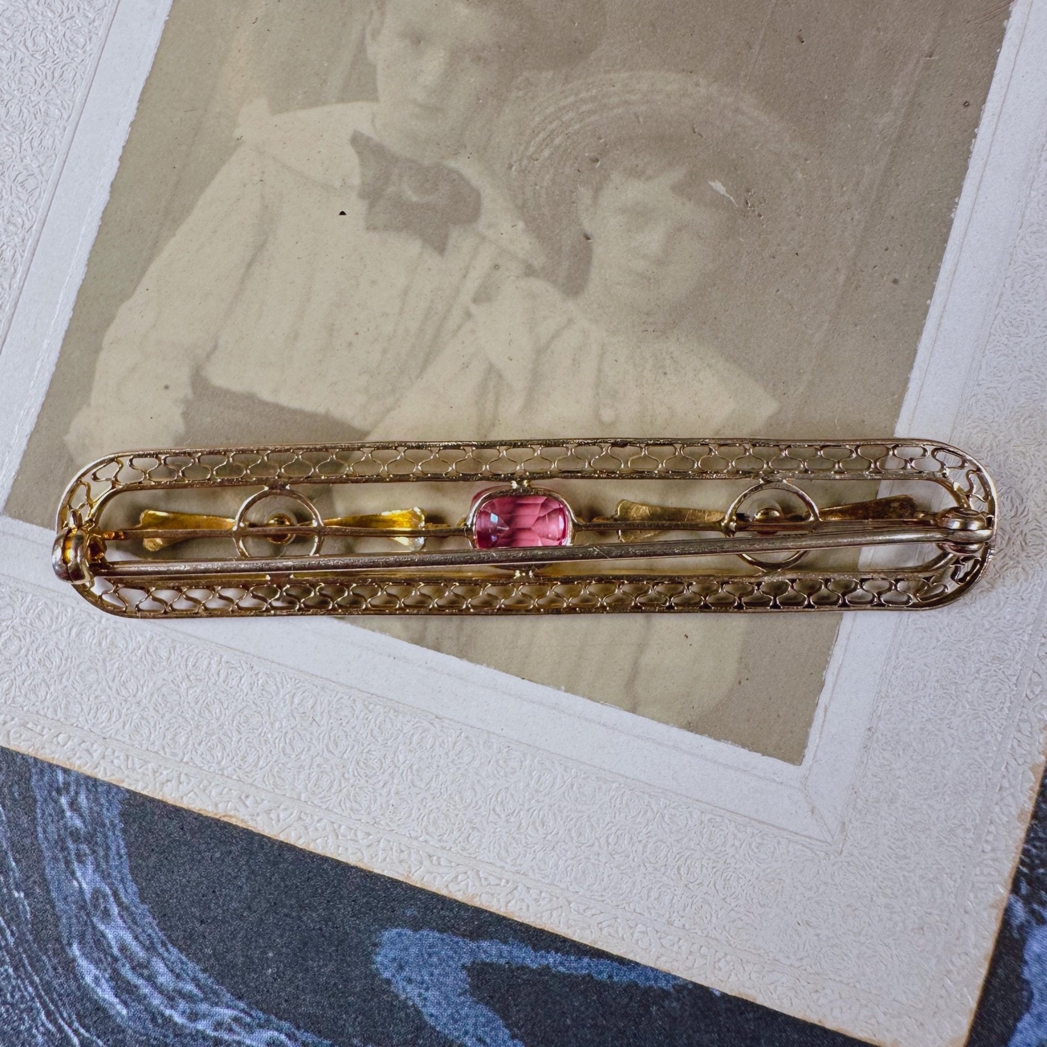 Edwardian 10k Yellow Gold, Pink Sapphire, and Pearl Brooch - Clover Collective Antiques