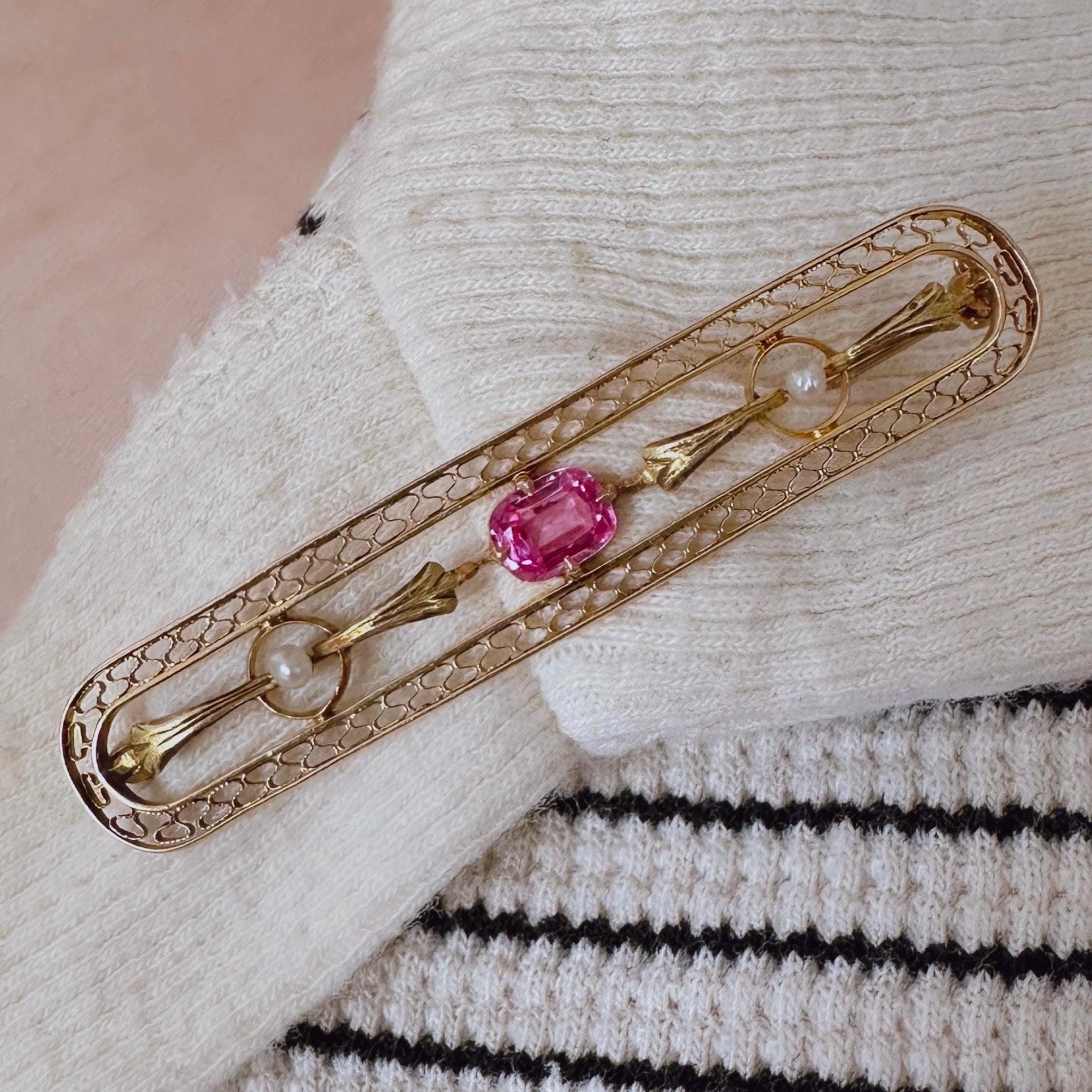 Edwardian 10k Yellow Gold, Pink Sapphire, and Pearl Brooch - Clover Collective Antiques