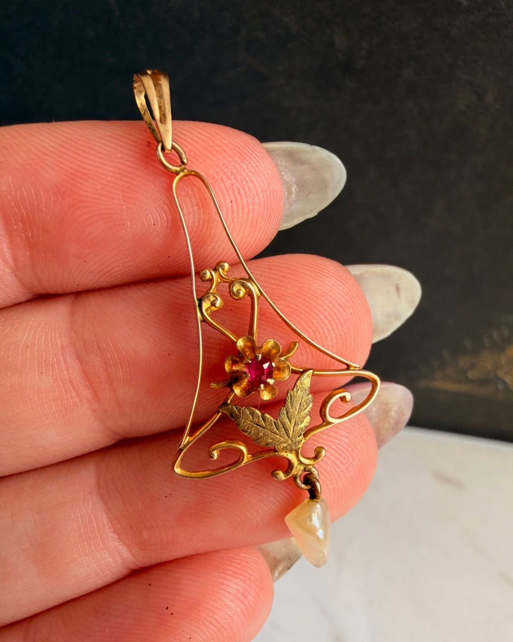 Edwardian 10k Yellow Gold, Ruby, and Pearl Lavalier Pendant - Clover Collective Antiques