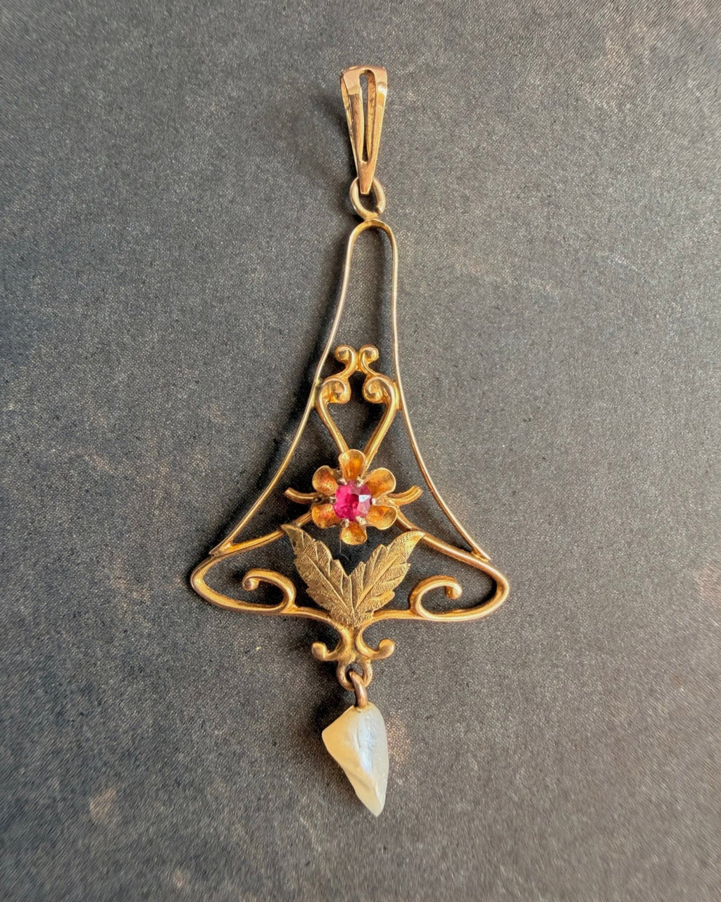 Edwardian 10k Yellow Gold, Ruby, and Pearl Lavalier Pendant - Clover Collective Antiques
