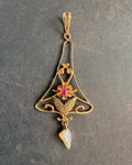 Edwardian 10k Yellow Gold, Ruby, and Pearl Lavalier Pendant - Clover Collective Antiques