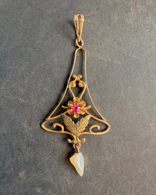 Edwardian 10k Yellow Gold, Ruby, and Pearl Lavalier Pendant - Clover Collective Antiques