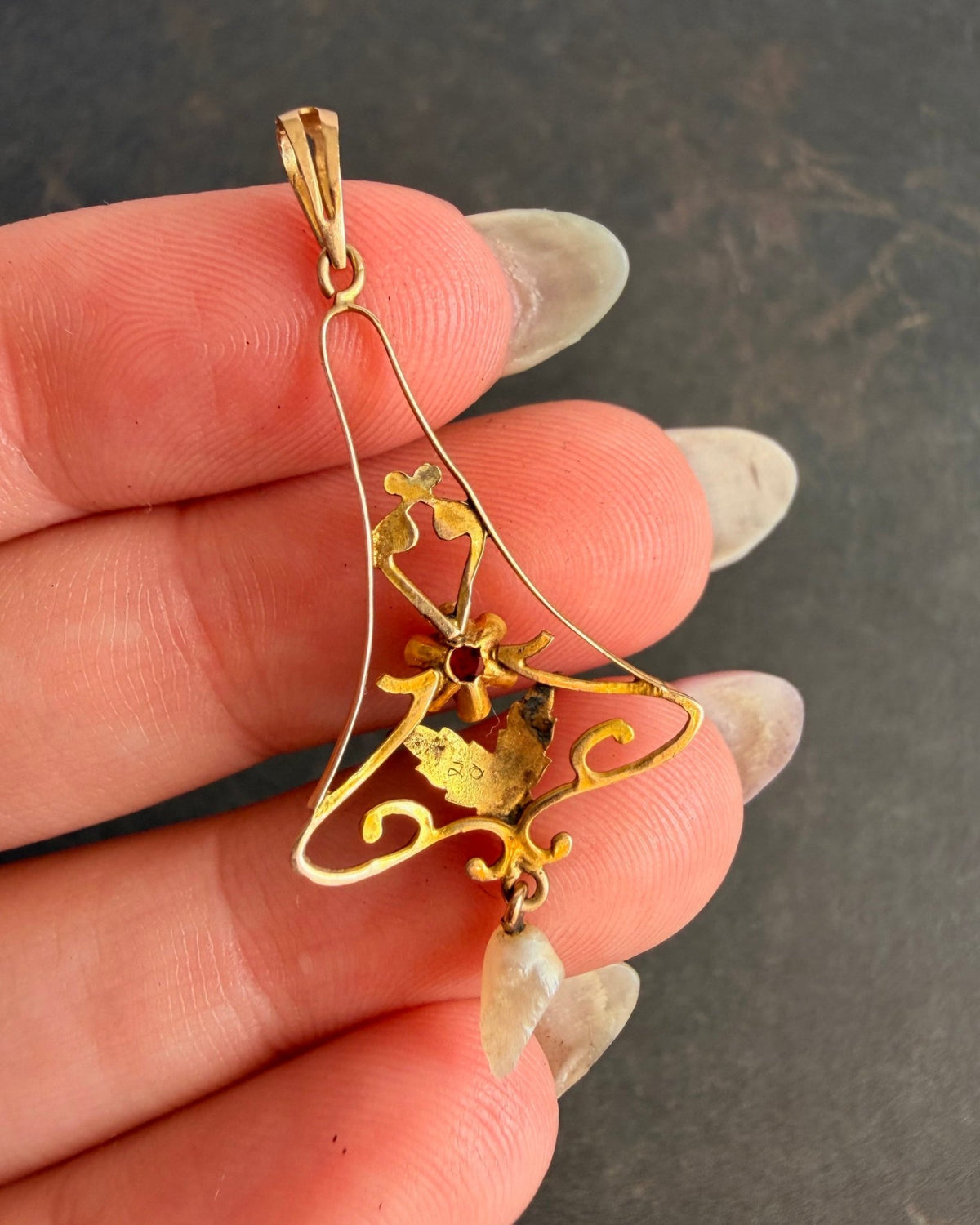 Edwardian 10k Yellow Gold, Ruby, and Pearl Lavalier Pendant - Clover Collective Antiques