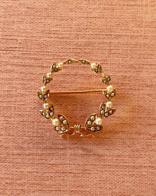 Edwardian 14k Yellow Gold and Seed Pearl Laurel Wreath Brooch - Clover Collective Antiques