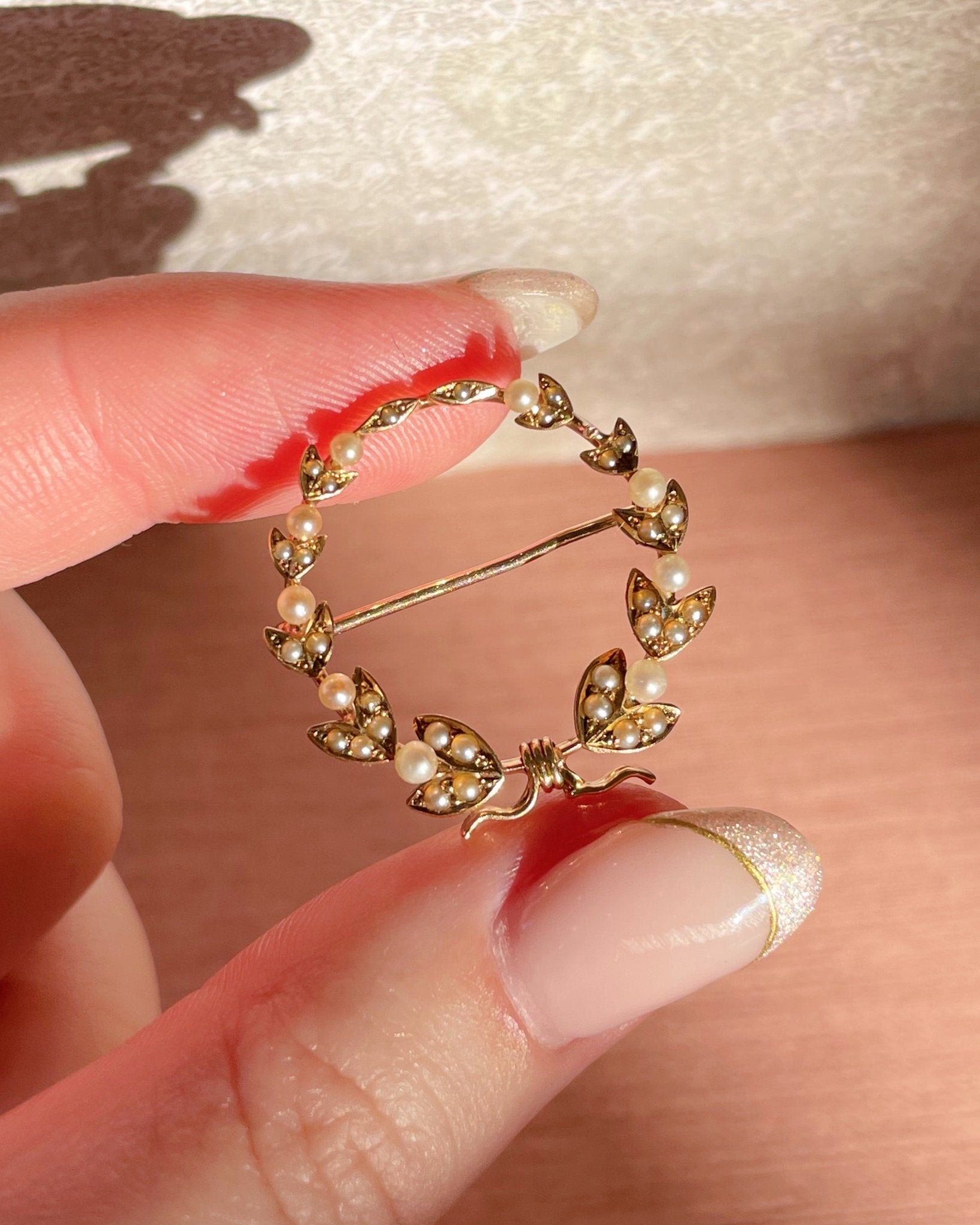 Edwardian 14k Yellow Gold and Seed Pearl Laurel Wreath Brooch - Clover Collective Antiques