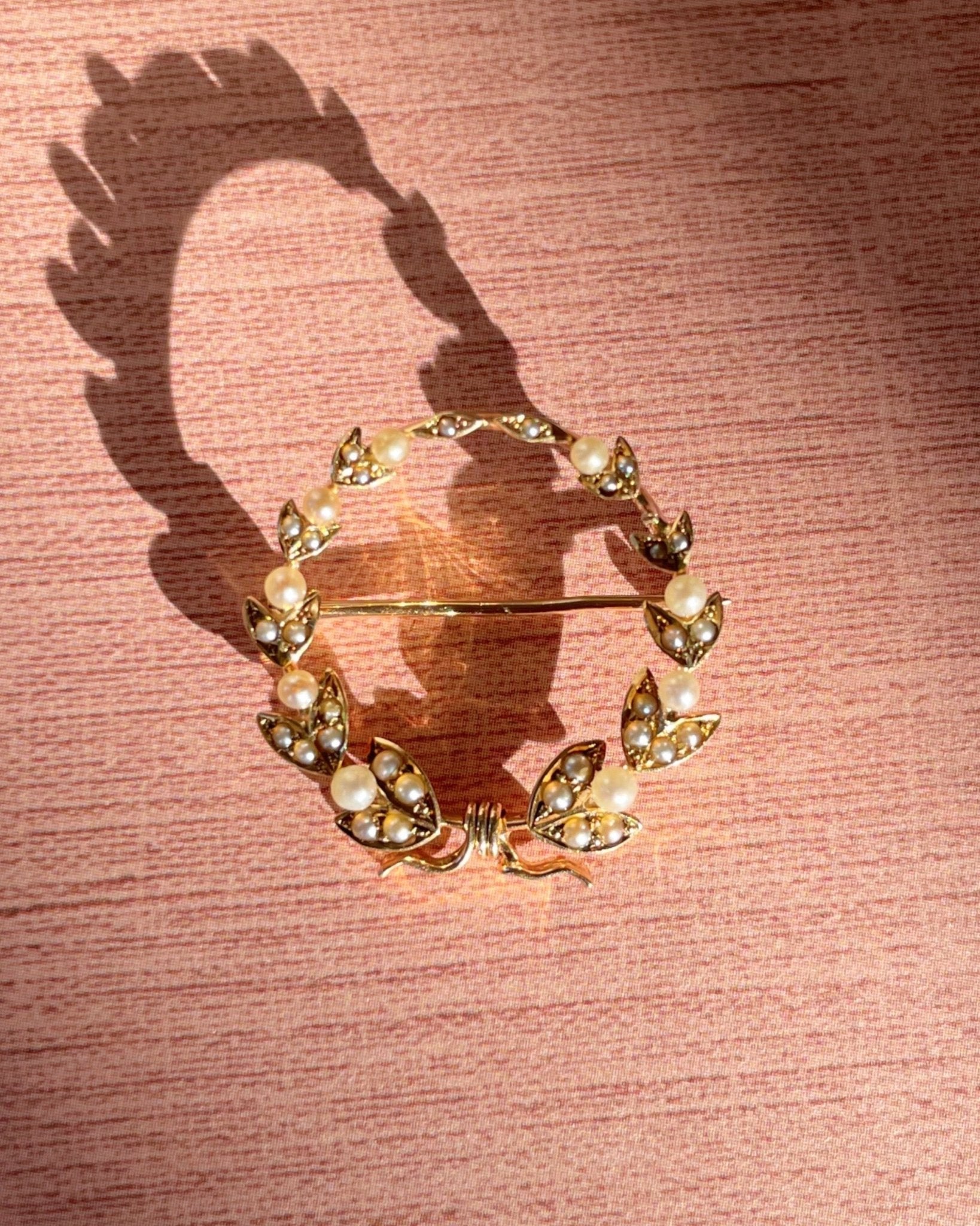 Edwardian 14k Yellow Gold and Seed Pearl Laurel Wreath Brooch - Clover Collective Antiques