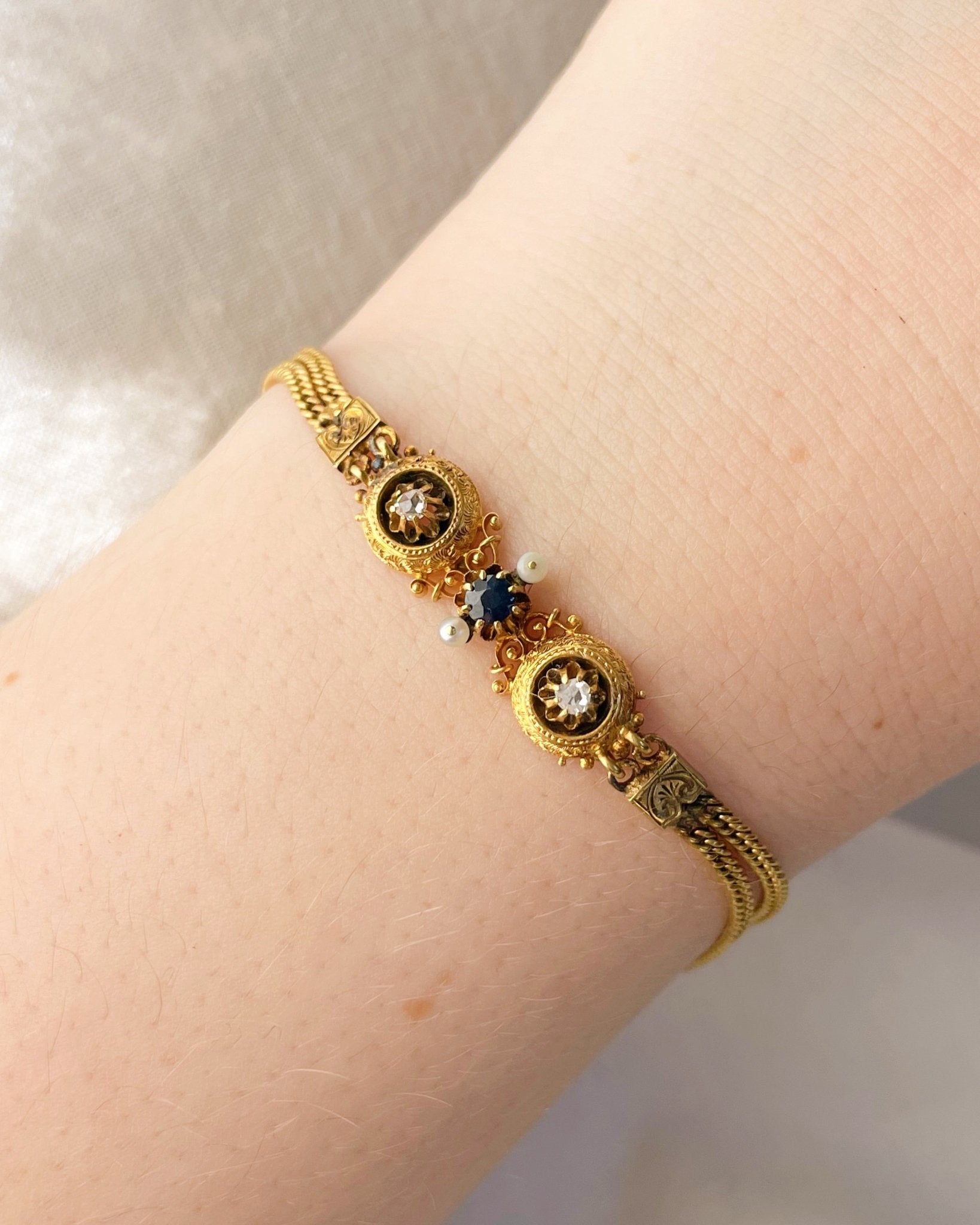 Edwardian 18k, 14k Yellow Gold, Diamond, Sapphire, and Pearl Bracelet - Clover Collective Antiques