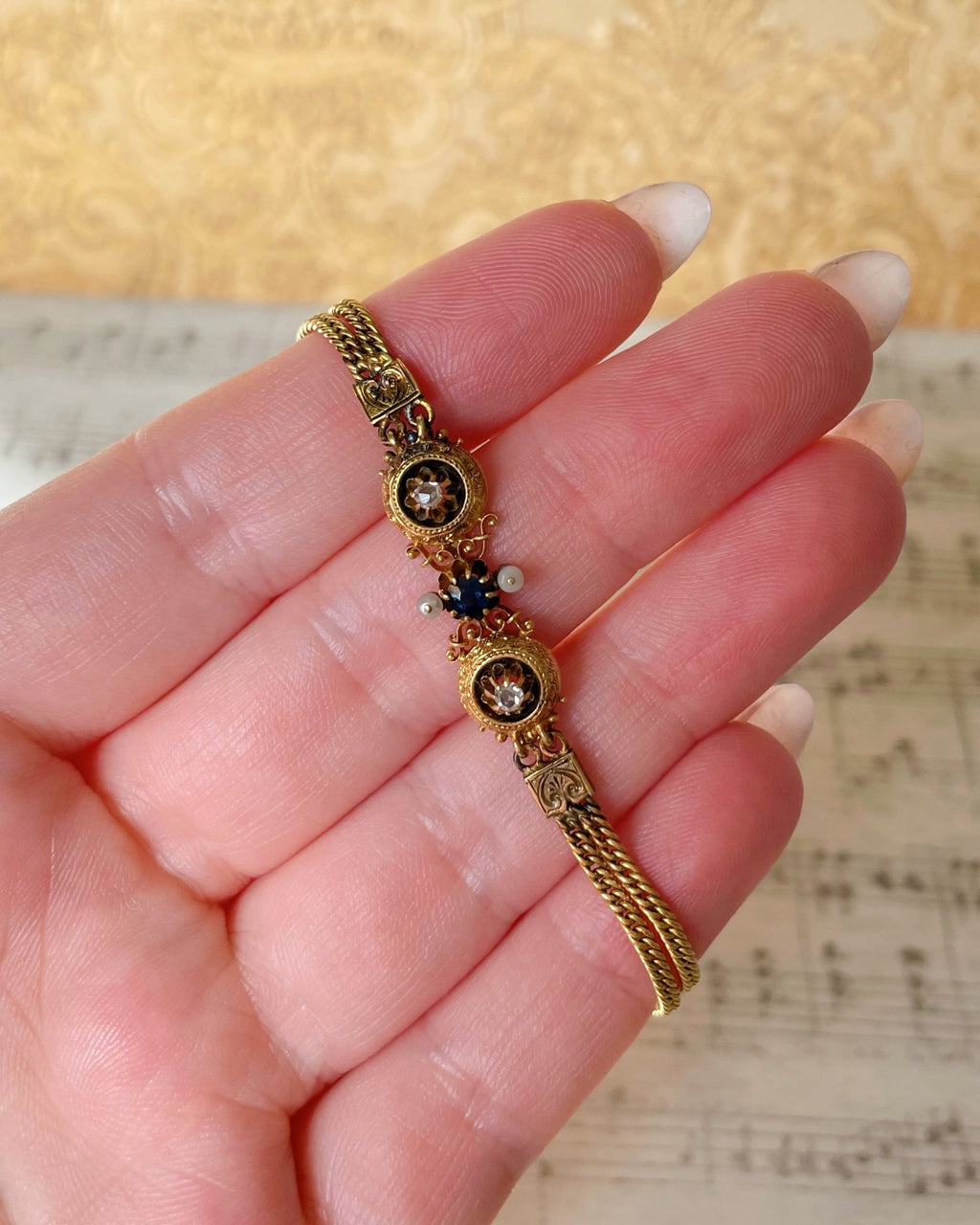 Edwardian 18k, 14k Yellow Gold, Diamond, Sapphire, and Pearl Bracelet - Clover Collective Antiques
