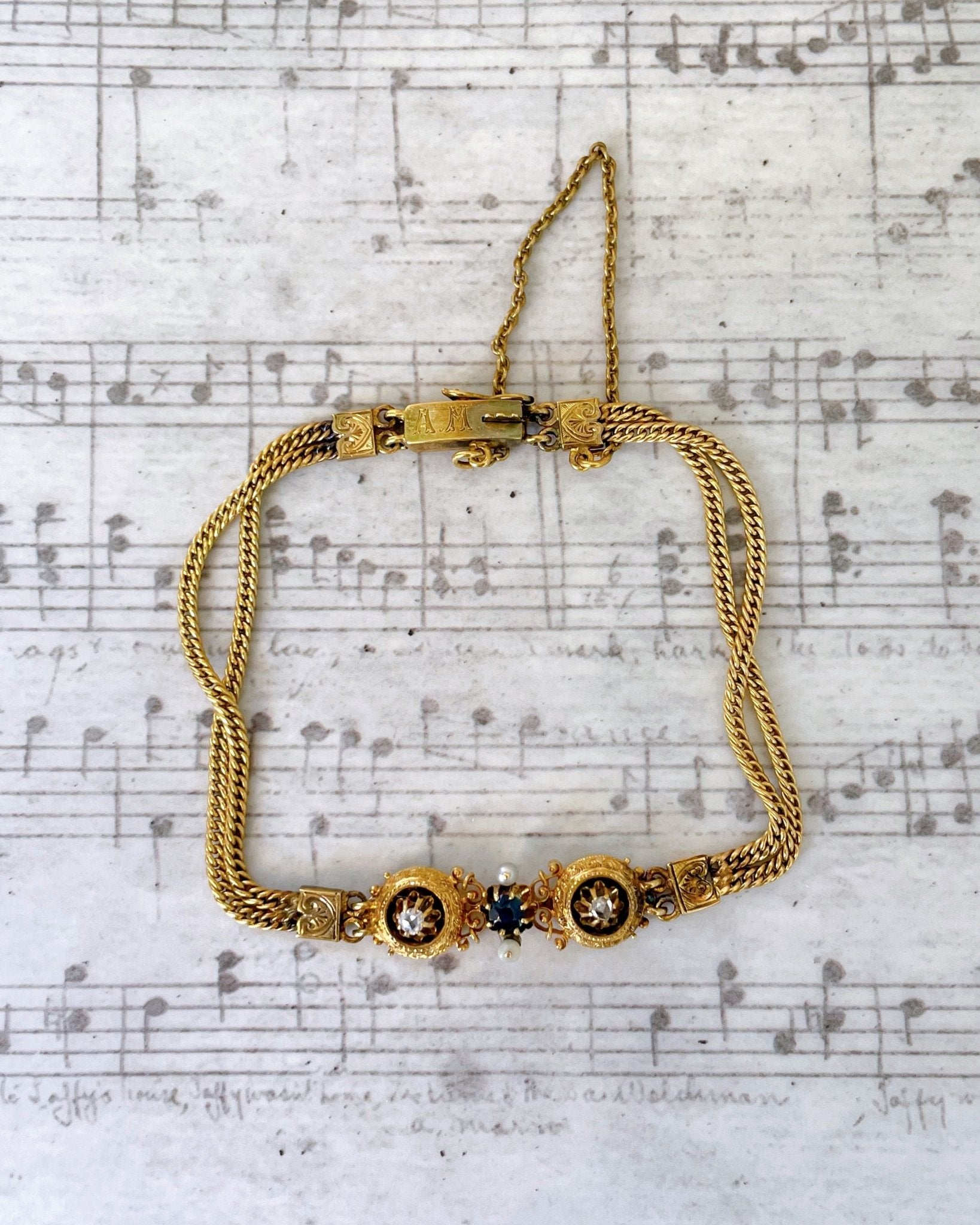 Edwardian 18k, 14k Yellow Gold, Diamond, Sapphire, and Pearl Bracelet - Clover Collective Antiques