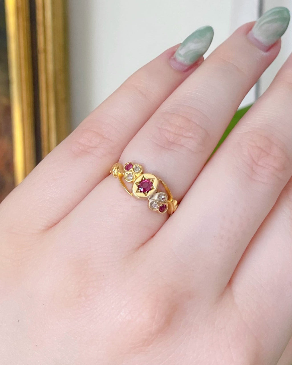 Edwardian 18k Yellow Gold, Ruby, and Diamond Trefoil Ring - Clover Collective Antiques