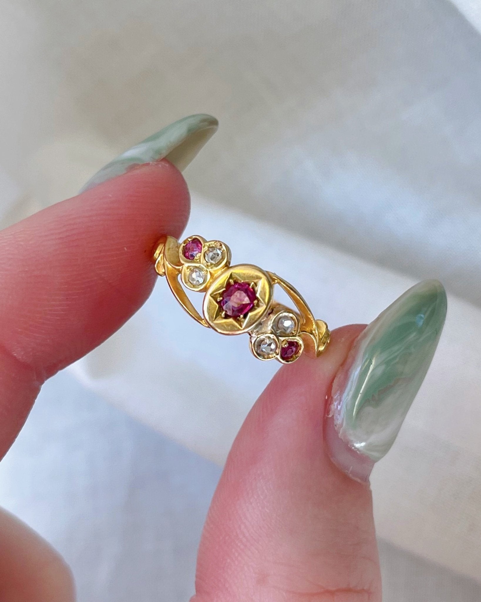 Edwardian 18k Yellow Gold, Ruby, and Diamond Trefoil Ring - Clover Collective Antiques