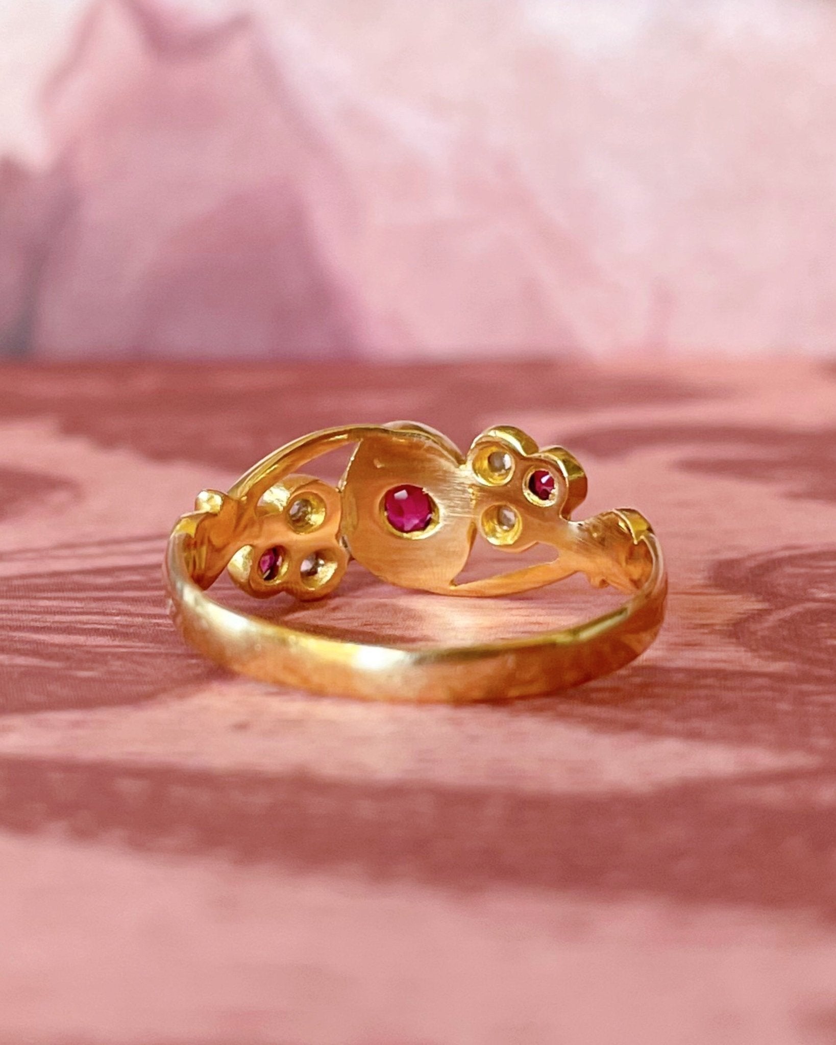 Edwardian 18k Yellow Gold, Ruby, and Diamond Trefoil Ring - Clover Collective Antiques