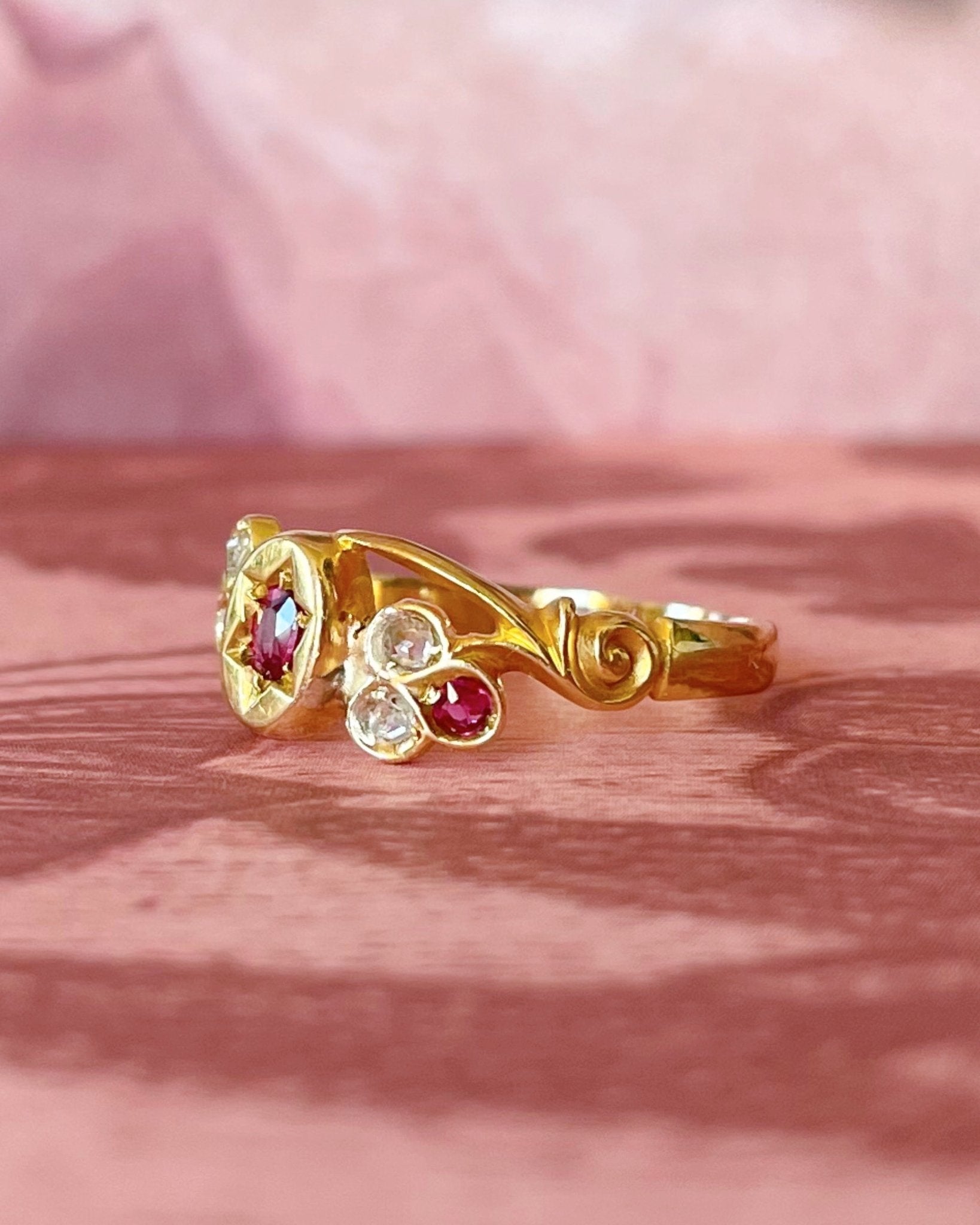 Edwardian 18k Yellow Gold, Ruby, and Diamond Trefoil Ring - Clover Collective Antiques
