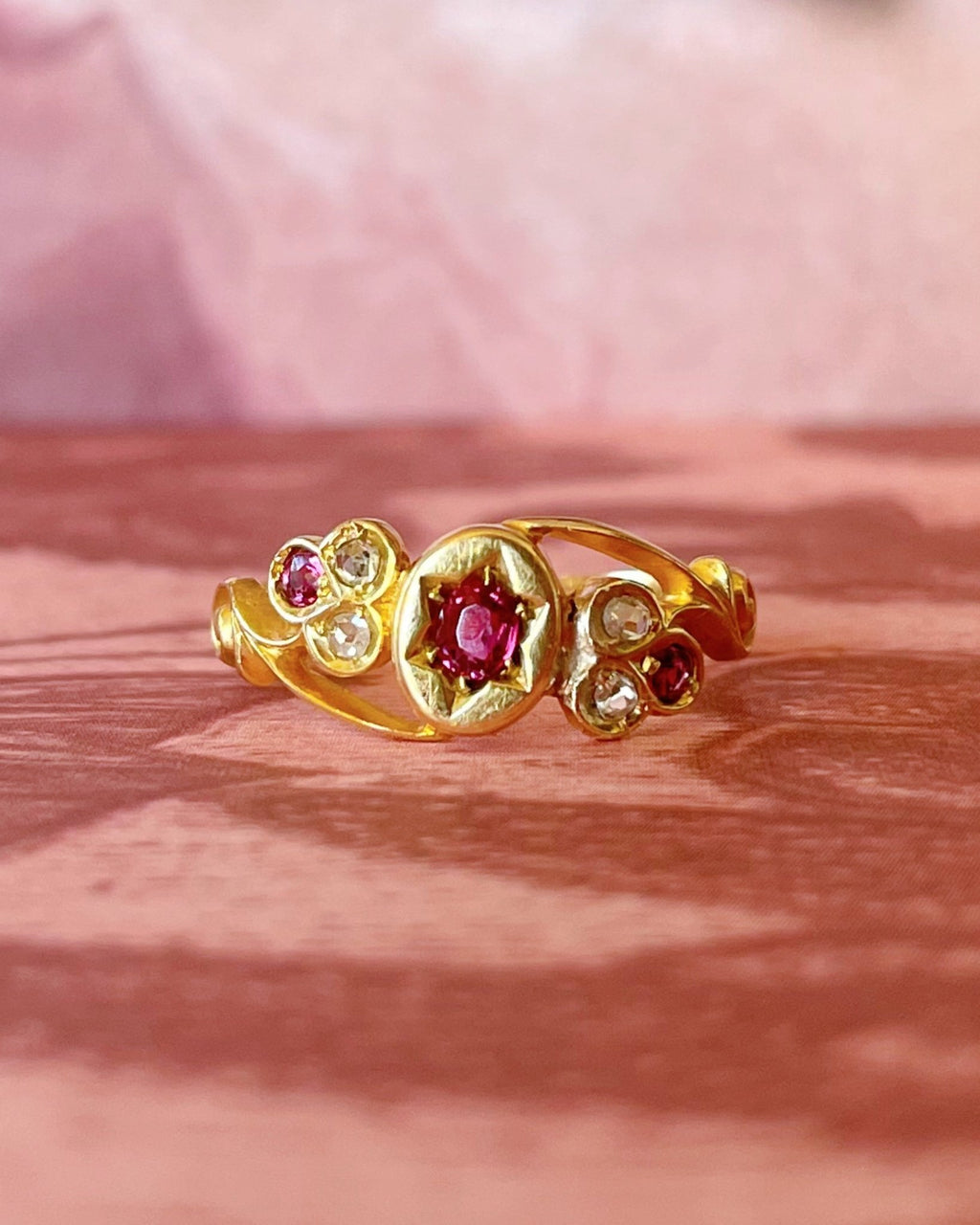 Edwardian 18k Yellow Gold, Ruby, and Diamond Trefoil Ring - Clover Collective Antiques