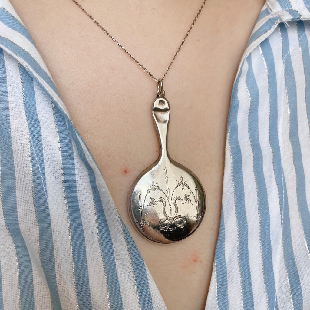 Edwardian Crisford & Norris Sterling Silver Chatelaine Miniature Mirror Pendant - Clover Collective Antiques