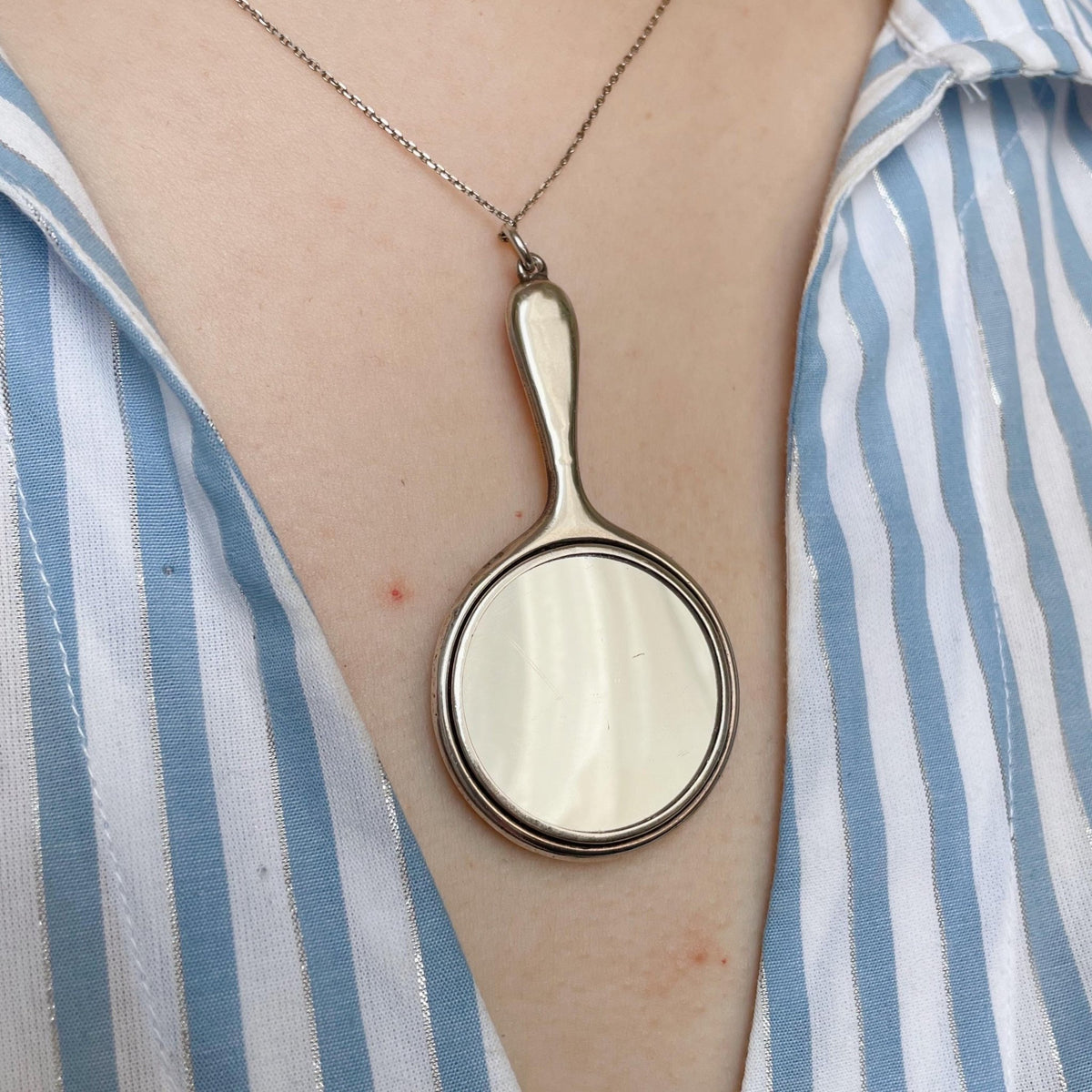Edwardian Crisford & Norris Sterling Silver Chatelaine Miniature Mirror Pendant - Clover Collective Antiques