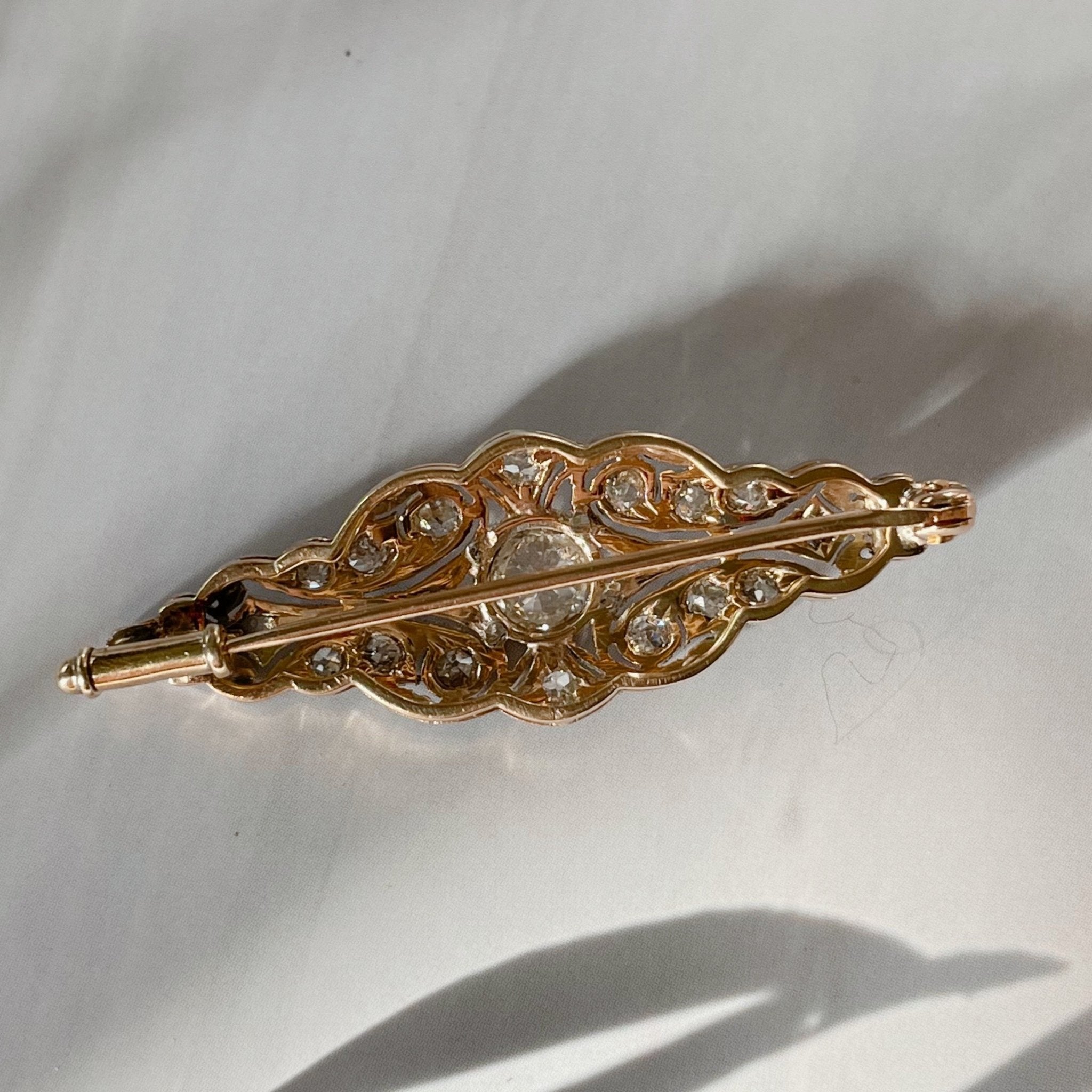Edwardian Platinum, 14k Yellow Gold, and Diamond Filigree Brooch - Clover Collective Antiques