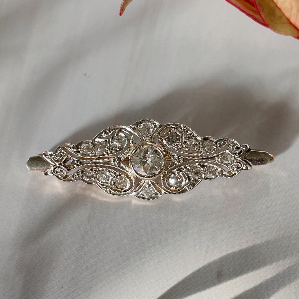 Edwardian Platinum, 14k Yellow Gold, and Diamond Filigree Brooch - Clover Collective Antiques