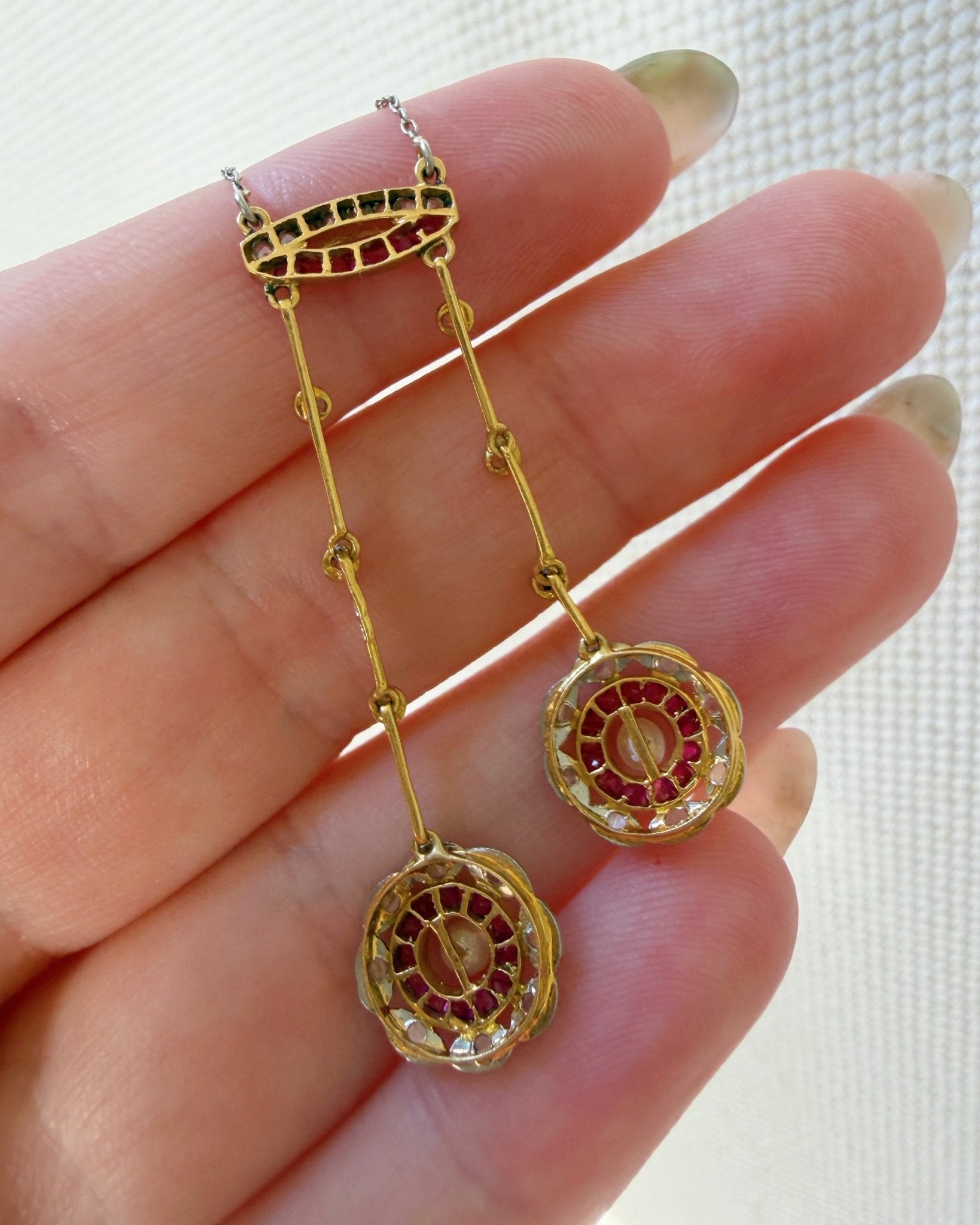 Edwardian Platinum, 18k Gold, Diamond, Ruby, and Pearl Target Neglige Necklace - Clover Collective Antiques