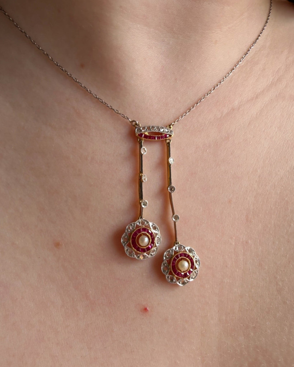 Edwardian Platinum, 18k Gold, Diamond, Ruby, and Pearl Target Neglige Necklace - Clover Collective Antiques