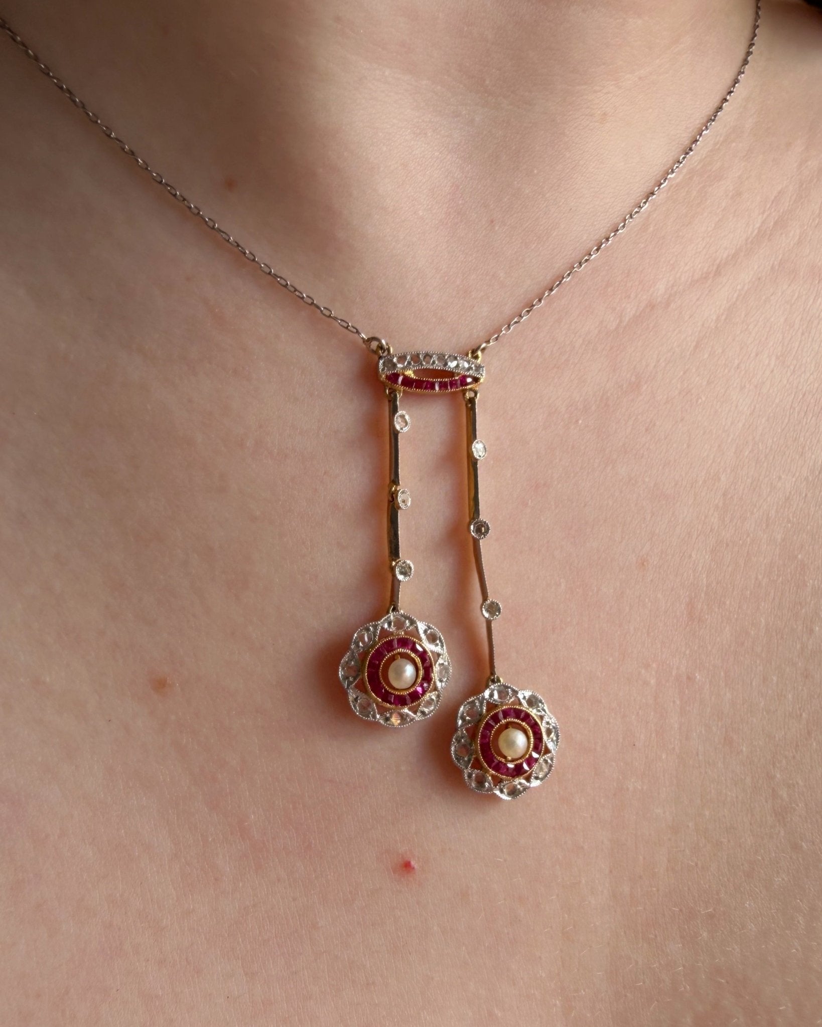 Edwardian Platinum, 18k Gold, Diamond, Ruby, and Pearl Target Neglige Necklace - Clover Collective Antiques