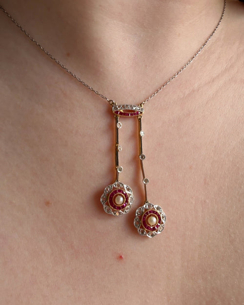 Edwardian Platinum, 18k Gold, Diamond, Ruby, and Pearl Target Neglige Necklace - Clover Collective Antiques