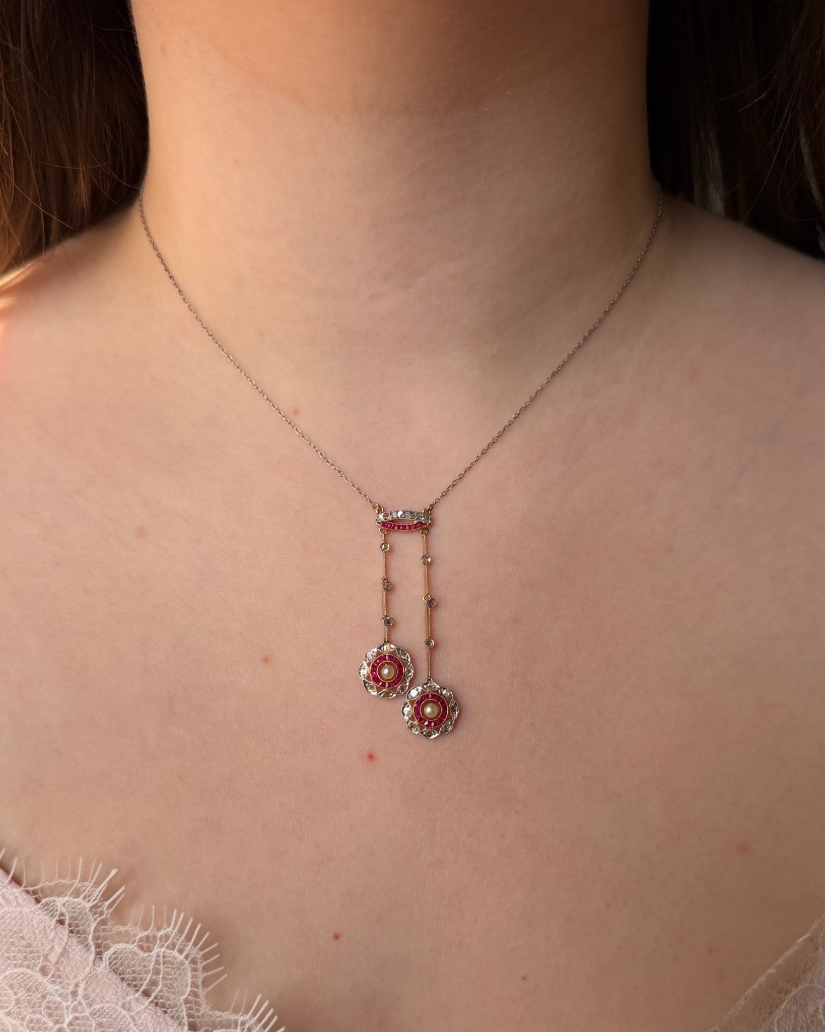 Edwardian Platinum, 18k Gold, Diamond, Ruby, and Pearl Target Neglige Necklace - Clover Collective Antiques