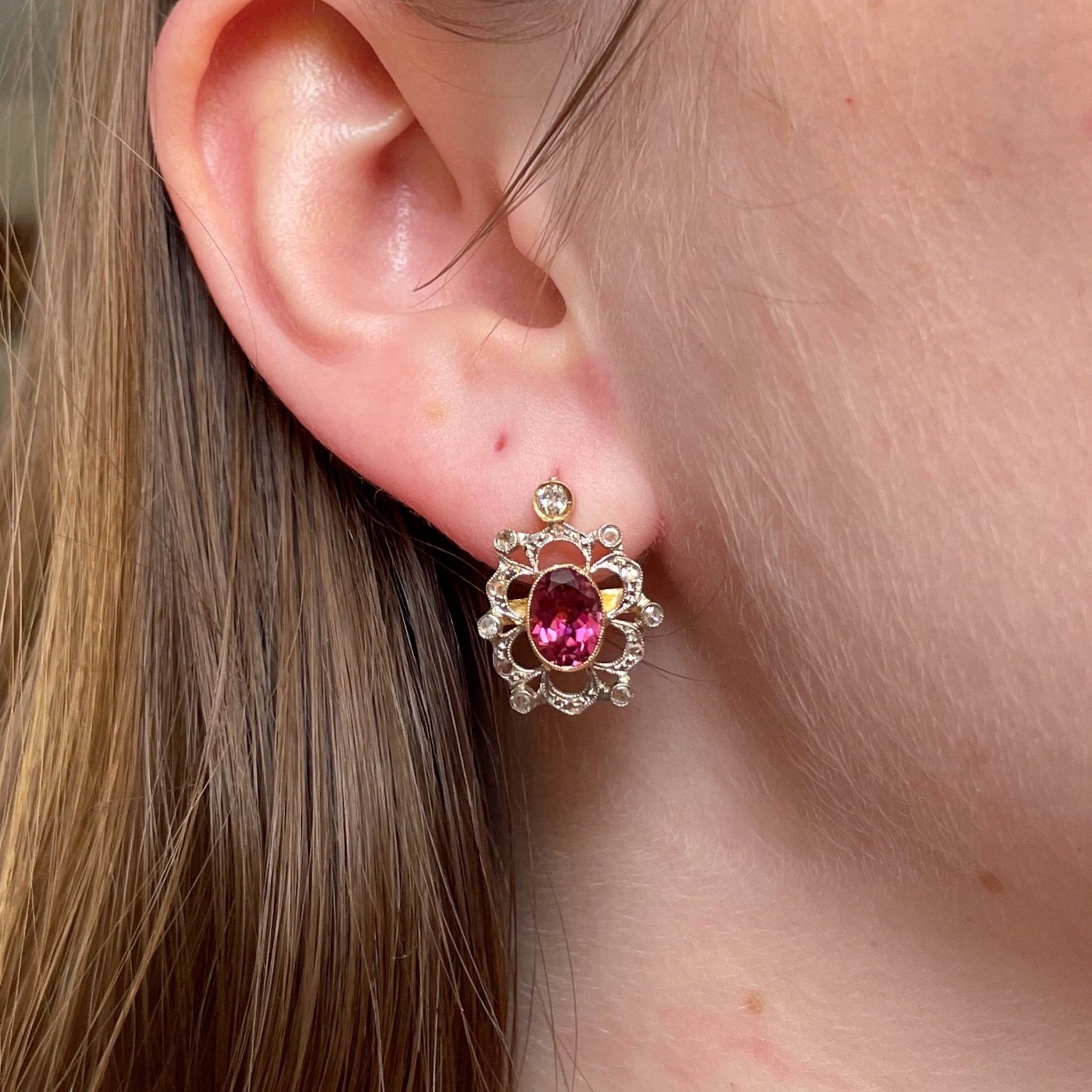 Edwardian Platinum 18k Yellow Gold Pink Tourmaline Drop Earrings - Clover Collective Antiques