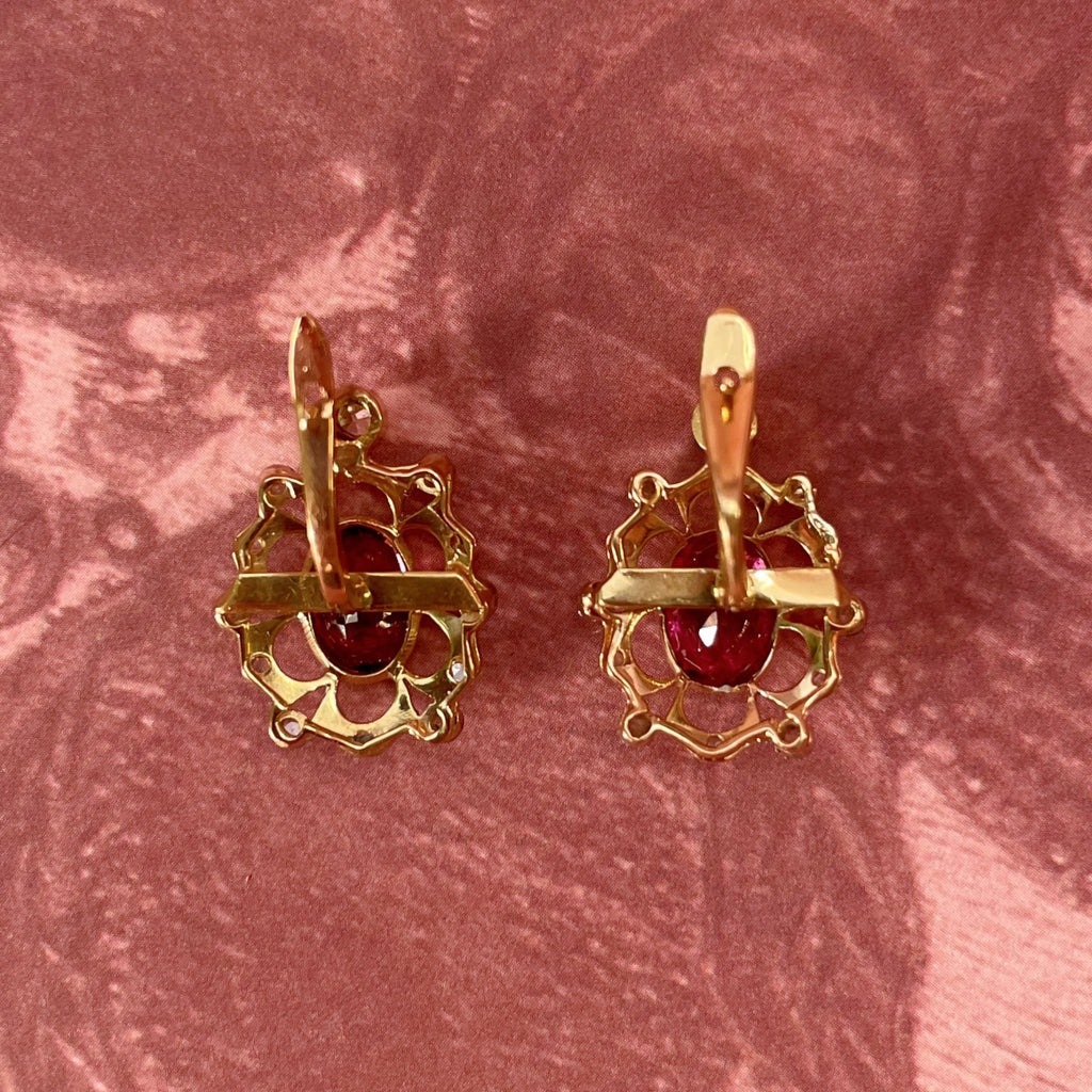 Edwardian Platinum 18k Yellow Gold Pink Tourmaline Drop Earrings - Clover Collective Antiques