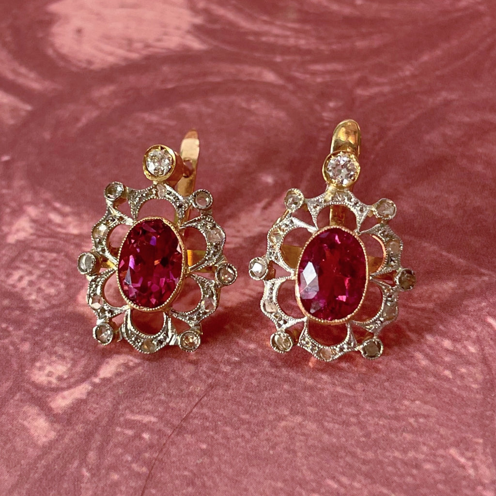 Edwardian Platinum 18k Yellow Gold Pink Tourmaline Drop Earrings - Clover Collective Antiques
