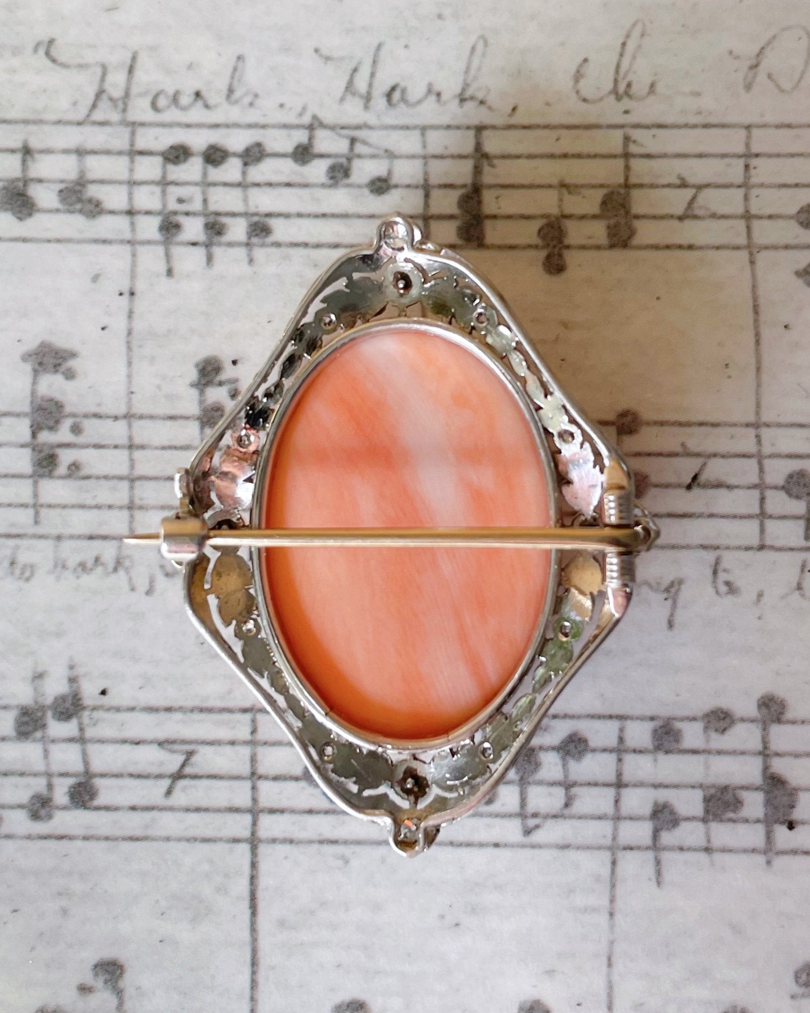 Edwardian Platinum, Diamond, Pearl, and Coral Cameo Brooch - Clover Collective Antiques