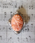 Edwardian Platinum, Diamond, Pearl, and Coral Cameo Brooch - Clover Collective Antiques