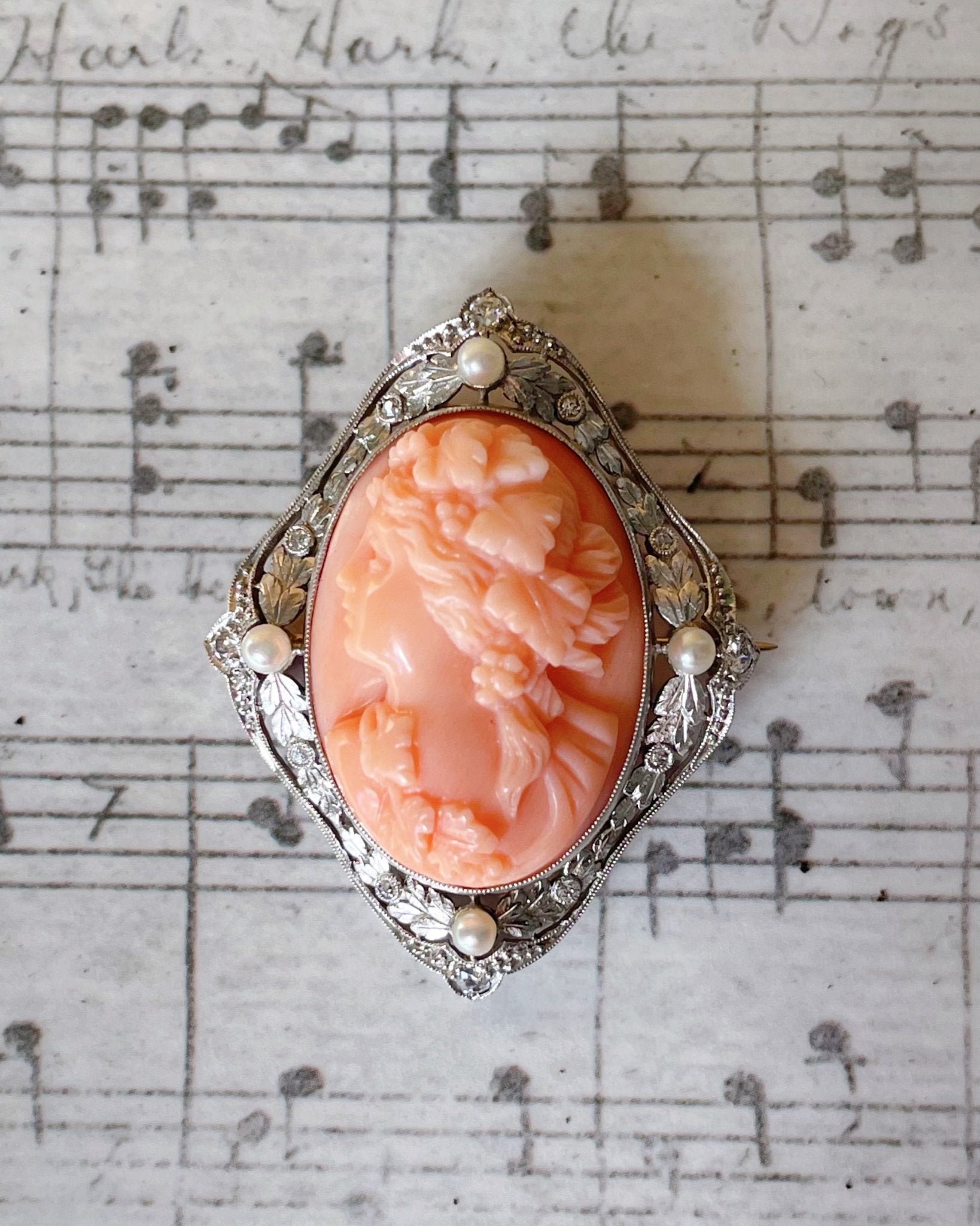 Edwardian Platinum, Diamond, Pearl, and Coral Cameo Brooch - Clover Collective Antiques