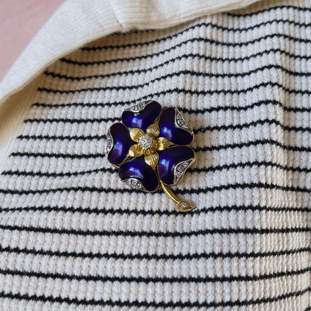 Victorian 18k Yellow Gold Old Mine Cut Diamond Royal Blue Enamel Flower Brooch