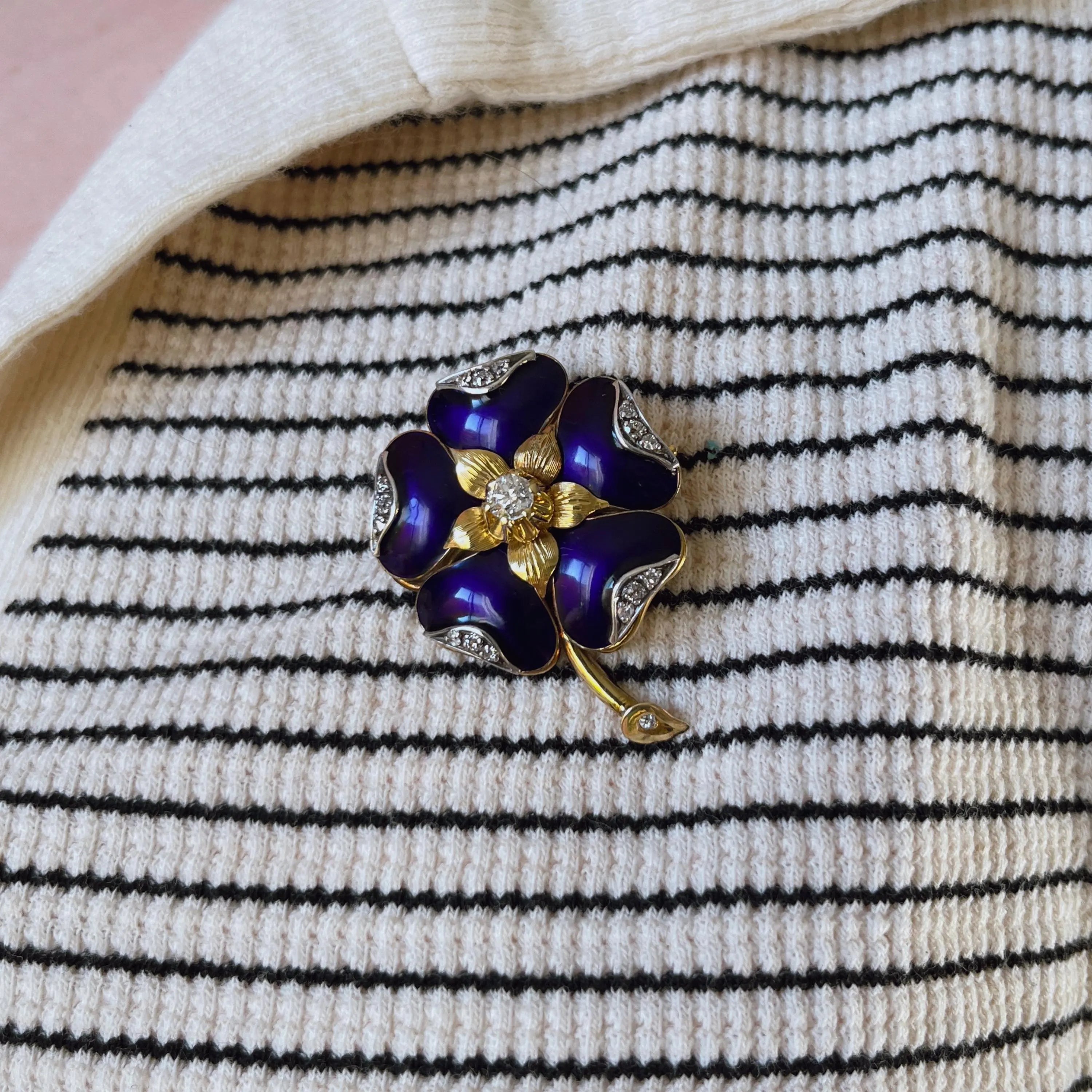 Victorian 18k Yellow Gold Old Mine Cut Diamond Royal Blue Enamel Flower Brooch