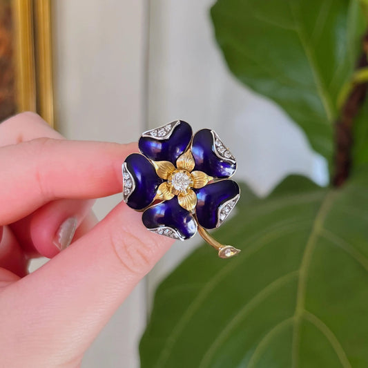 Victorian 18k Yellow Gold Old Mine Cut Diamond Royal Blue Enamel Flower Brooch